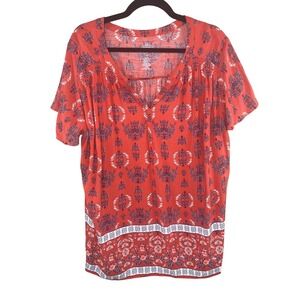 St. John's Bay Womens Top 2X Coral Boho Peasant Floral Rayon Short Sleeve V-Neck